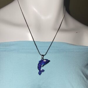 Silver Tone Signed Adult Fun  Rhinestone Dolphin Necklace